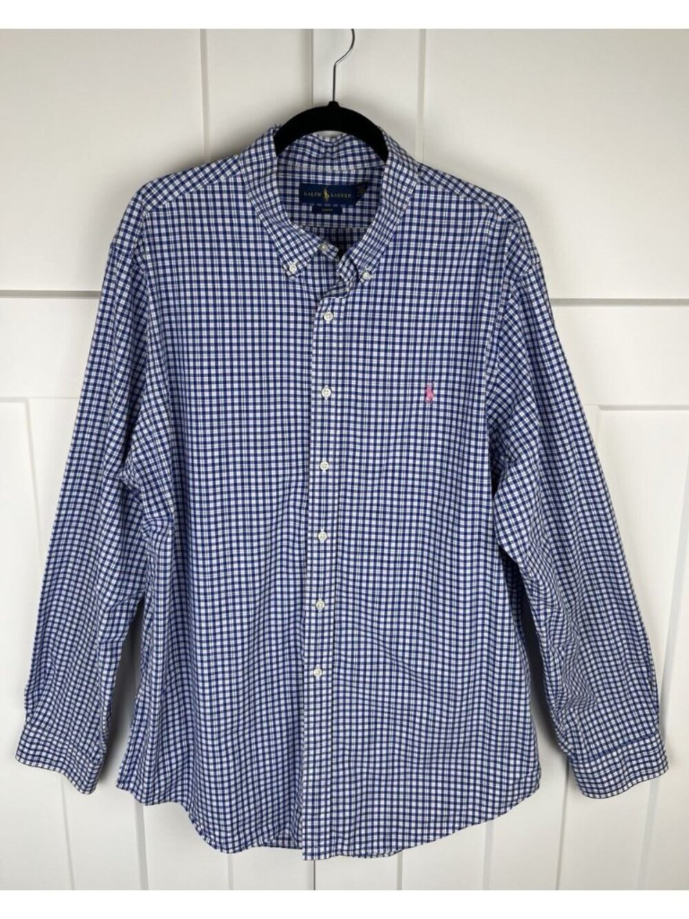 Ralph Lauren Men's XXL Slim Fit Blue White Plaid Button Down Shirt Pink Pony